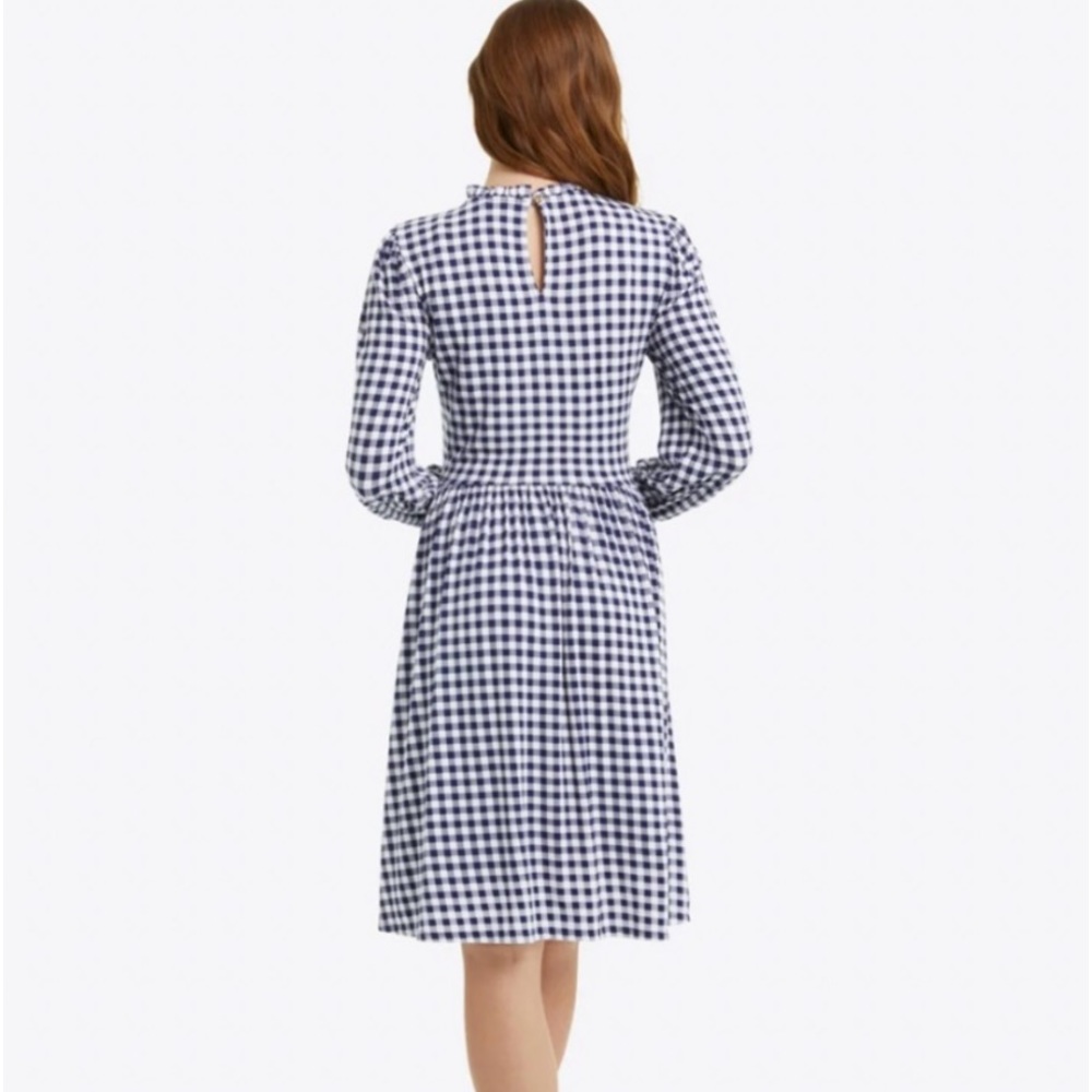 Draper James Kitty Navy Gingham Dress Ruffled Neck Long Sleeve Smocked Cuff Sz S - Picture 2 of 9